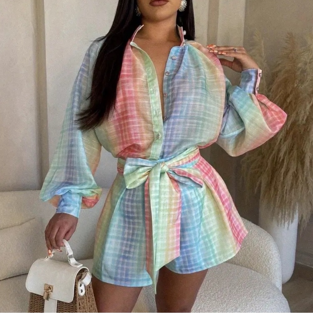 Passion Vacation Boho Shirt Collar Colorful Plaid Casual Jumpsuit